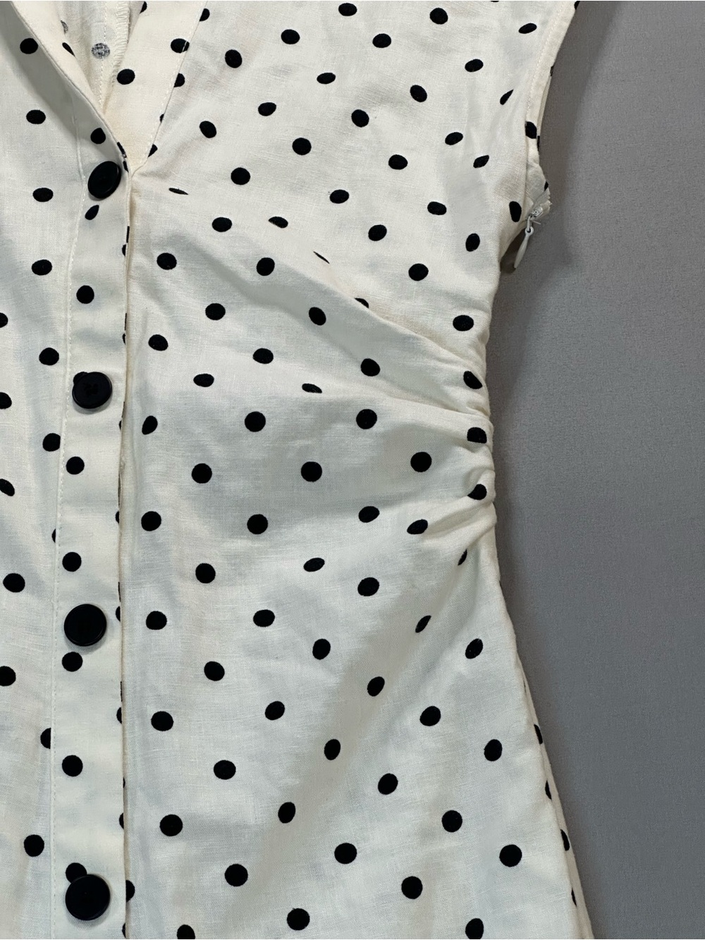 Zara Polka-Dot Linen-Blend Fitted Midi Dress, Cap Sleeve, Ruched - Womens XS - Picture 11 of 16